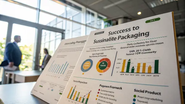 Measuring the ROI of sustainable packaging A dashboard showing KPIs for a packaging transition: cost savings, sales lift, social media mentions, and customer sentiment.