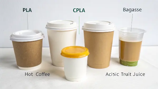 Comparing Eco-Friendly Beverage Materials Side-by-side comparison of PLA, paper, and bagasse beverage cups.