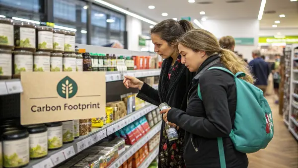 A shopping cart with products featuring carbon footprint labels