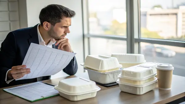 Comparing the costs of sustainable vs plastic packaging A close-up of compostable food containers next to a calculator and a spreadsheet showing a cost-benefit analysis.