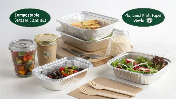 An assortment of eco-friendly food packaging like bagasse containers and wooden cutlery