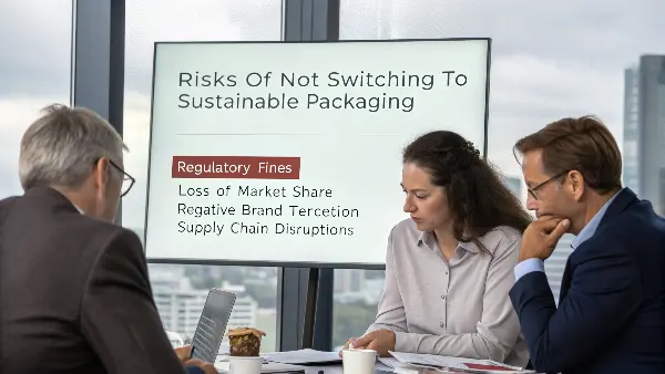 Risks of not adopting sustainable packaging A restaurant with a "Plastic Free Zone" sign turning away a supplier with plastic containers.