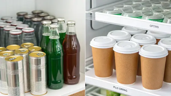 An array of eco-friendly beverage containers like glass bottles, aluminum cans, and PLA cups