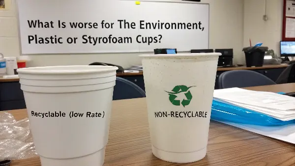 A plastic cup and a Styrofoam cup side-by-side in a landfill.