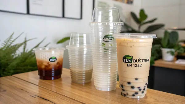 A stack of clear PLA biodegradable bubble tea cups.