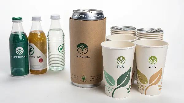 Different types of sustainable beverage containers like cans, glass bottles, and PLA cups