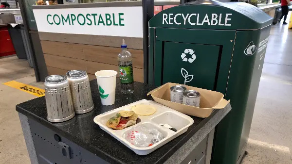 Side-by-side comparison of a recycling bin and a composting bin