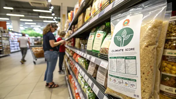 A person comparing two food products with different carbon labels in a supermarket