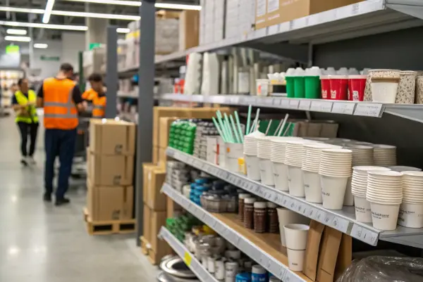 SKU Consolidation for Coffee Cups An organized shelf showing a single lid size fitting on three different sized eco-friendly cups.