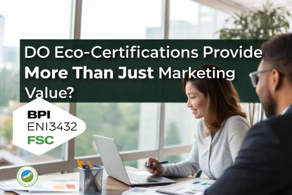 Compostable Product Certifications Close-up of BPI and EN13432 certification logos on the bottom of a compostable coffee cup.