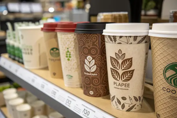 A collection of customized eco-friendly cups with unique branding.