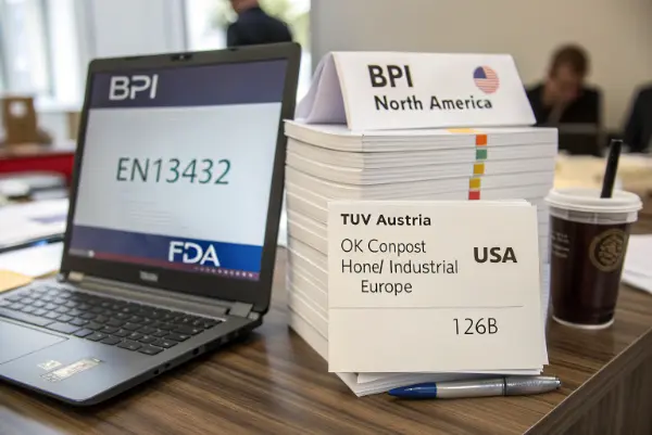 Certificates and logos for BPI, TUV Austria, FDA, and LFGB.