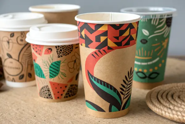 A designer comparing color swatches against different eco-friendly materials like kraft and bagasse.