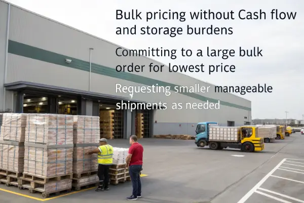 Phased Delivery Logistics for Eco-Packaging A supply chain diagram showing a large order at a supplier warehouse with smaller trucks delivering portions to a beverage chain.