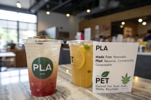 An infographic comparing key features of a PLA cup and a PET cup.