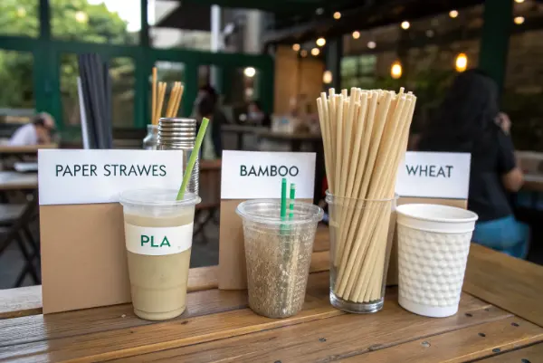 Side-by-side comparison of PLA, paper, and bamboo straws in drinks.