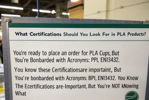 A close-up shot of certification logos like BPI, EN13432, and FDA on product packaging.