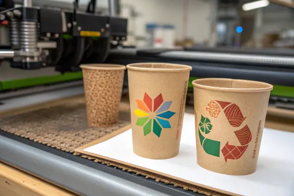 Close-up of a flexographic printing press applying ink to paper cups.