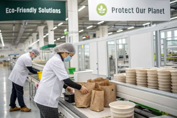 A variety of plant-based food containers and cups.